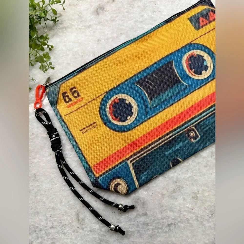 New Cassette Tape Retro 80s 90s Style Makeup Tech Pencil Bag w/ Charm - 10.5”